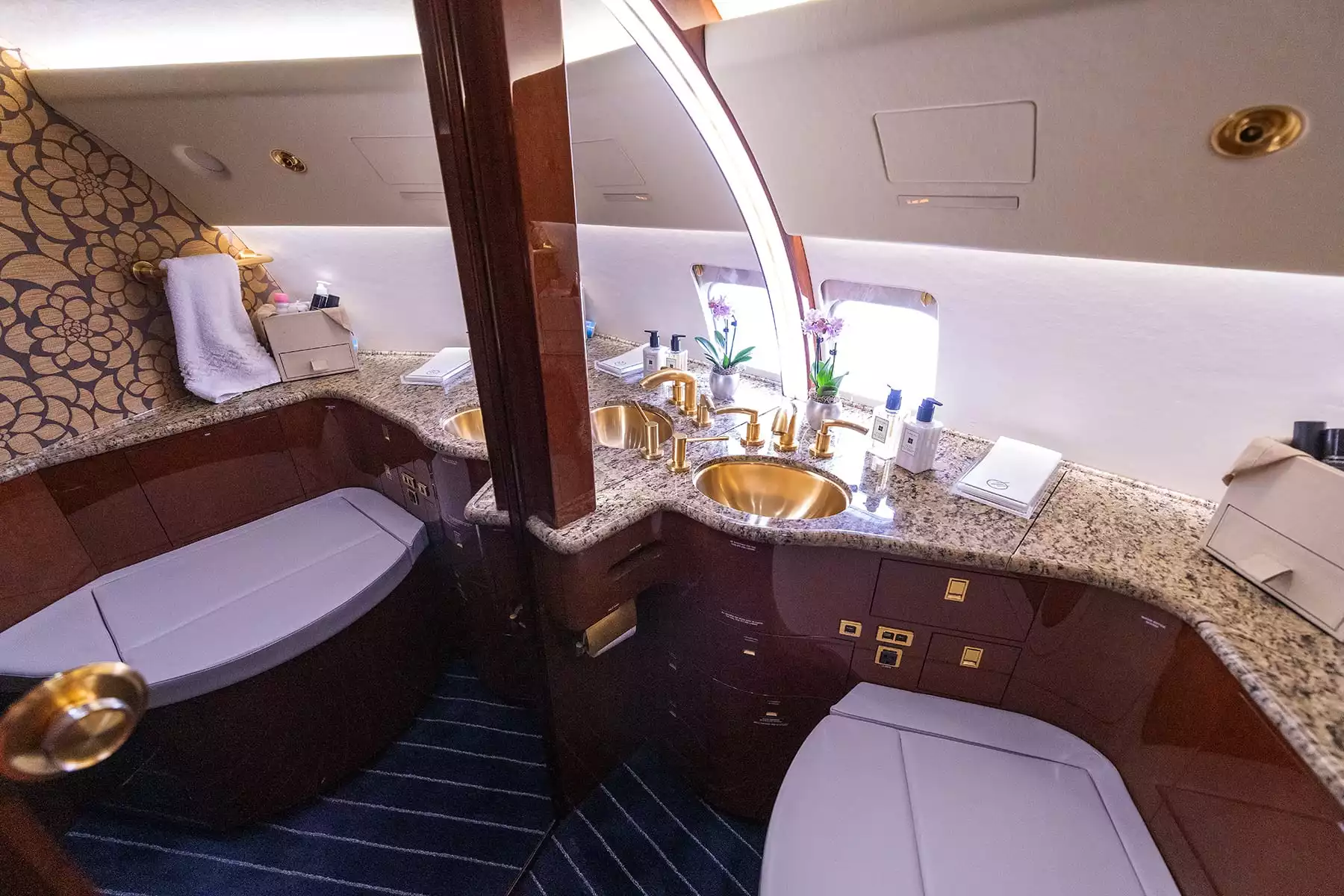 Inside the restroom of a private jet